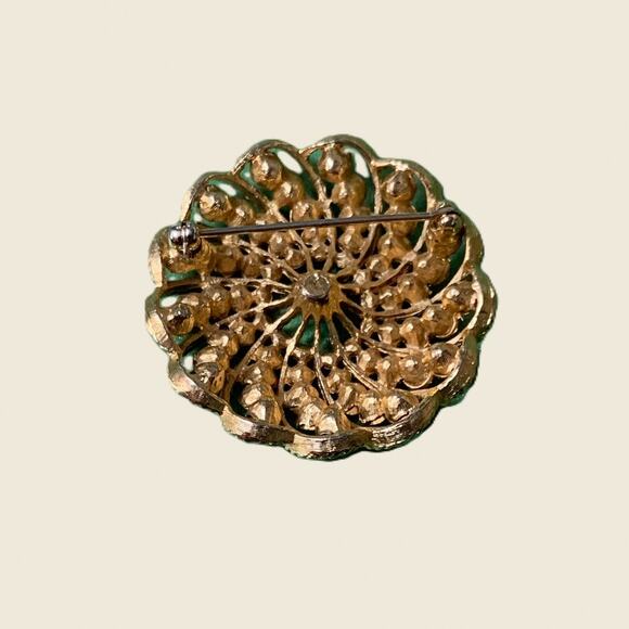 Vintage Blue & Green Rhinestone Spiral Brooch Gold-Tone Filigree Swirl Pin MCM - Picture 4 of 4